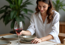 Verre à vin rouge : comment le mettre en valeur dans la décoration de la table ? Jeune femme en blanc servant un verre de vin rouge