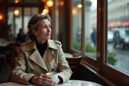 Femme seule pensive dans un café parisien évoquant une séparation amoureuse discrète