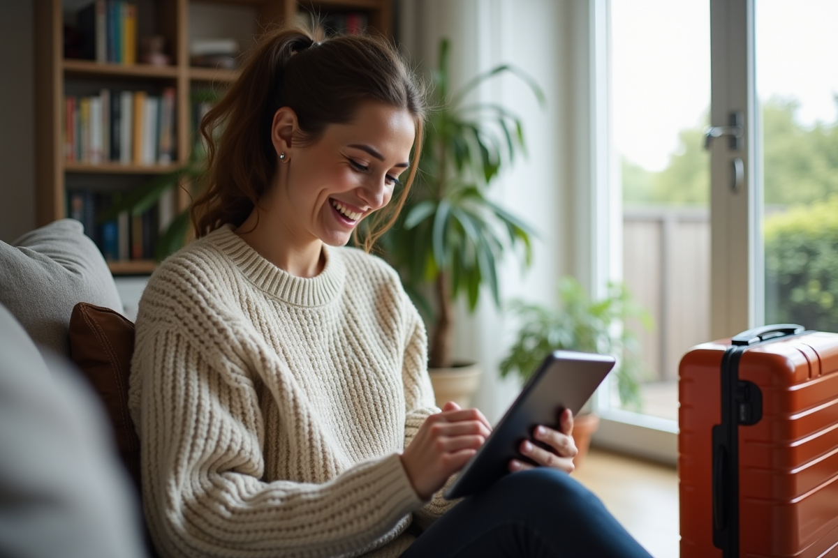 Femme souriante regardant une tablette en intérieur