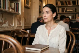 Femme brune au café parisien refusant de poser pour la caméra, regard discret et attitude réservée illustrant la vie privée préservée