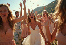 Groupe d'invites dansant lors d'un mariage en plein air
