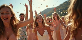 Groupe d'invites dansant lors d'un mariage en plein air