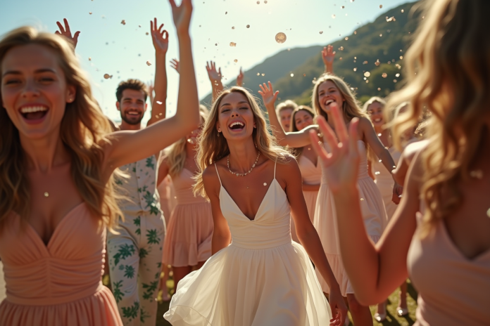 Groupe d'invites dansant lors d'un mariage en plein air