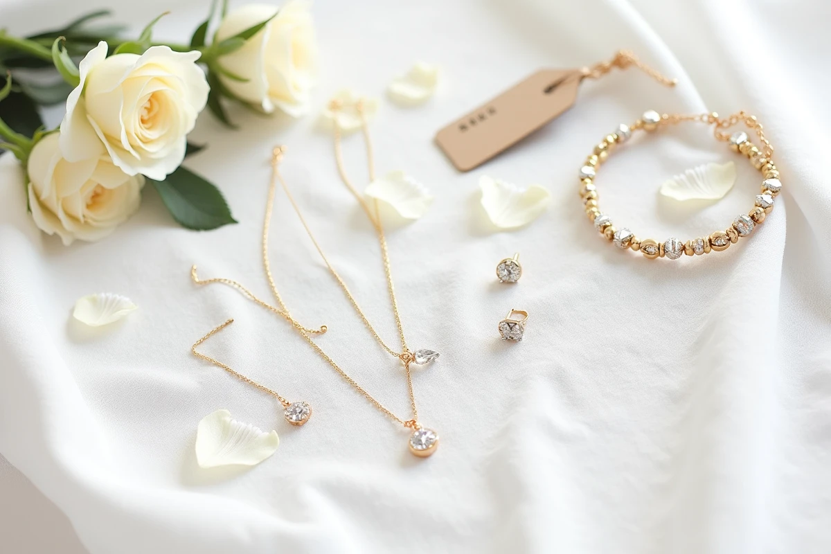 Flat-lay de bijoux de mariage pas chers sur lin blanc, collier doré, boucles cristal et bracelet strass pour mariée