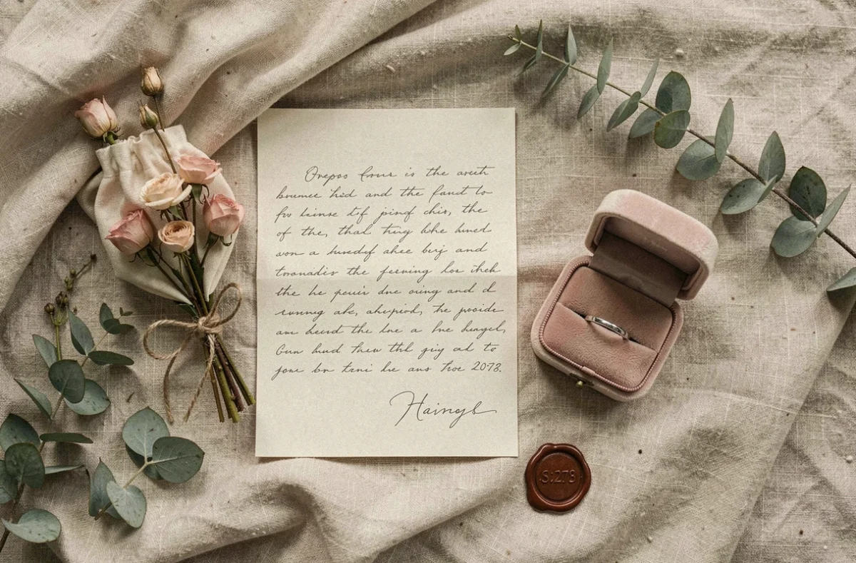 Flat lay d'un ensemble cadeau témoin de mariage comprenant une lettre manuscrite, une pochette à bijoux monogrammée, un bouquet de fleurs séchées et une coupelle gravée sur lin vintage