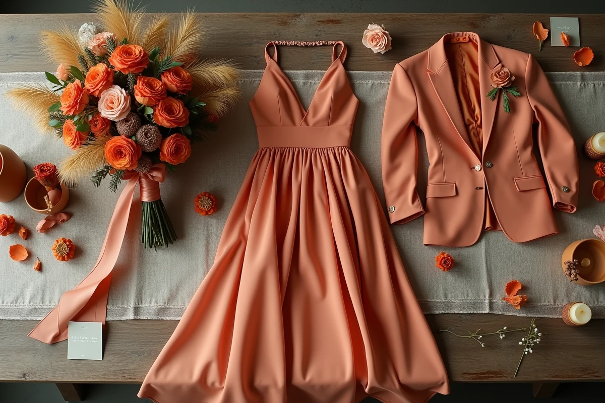 Flat-lay mariage avec robe de mariée terracotta, bouquet de roses corail et dorées, costume lin sable et décorations céramiques sur table en chêne
