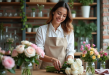 Fleuriste mariage : comment choisir le parfait prestataire ? Fleuriste arrangeant un bouquet de mariage dans un studio moderne