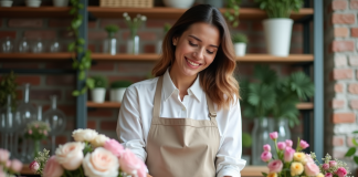 Fleuriste arrangeant un bouquet de mariage dans un studio moderne