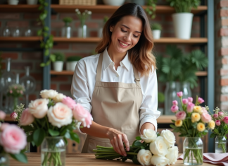 Fleuriste mariage : comment choisir le parfait prestataire ? Fleuriste arrangeant un bouquet de mariage dans un studio moderne