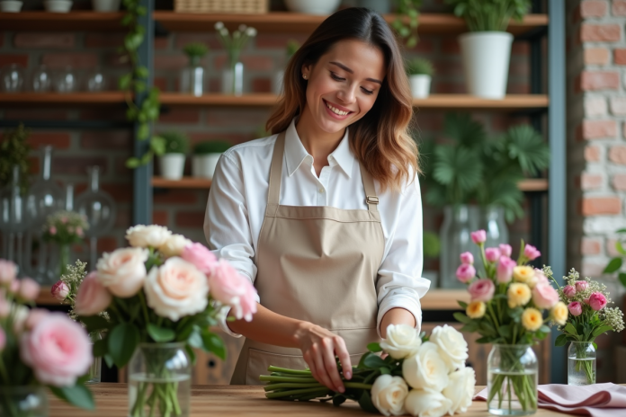 Fleuriste arrangeant un bouquet de mariage dans un studio moderne