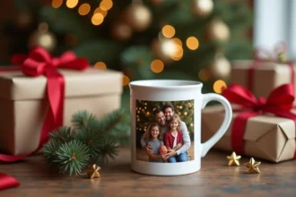 Gobelet personnalisé avec photo de famille posé sur une table en bois entouré de cadeaux de Noël enveloppés et de décoration festive