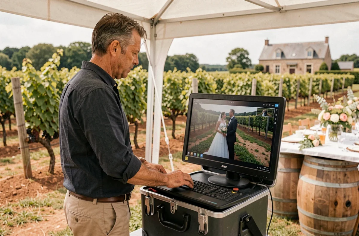 Laurent M. Good Wedding Film vidéaste mariage en Maine-et-Loire révisant des images sur un moniteur dans un vignoble