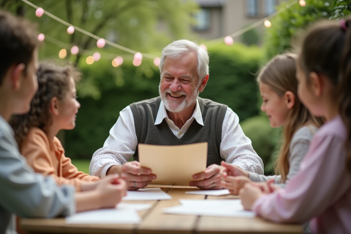 Grand-pere souriant passant invitations en famille dehors