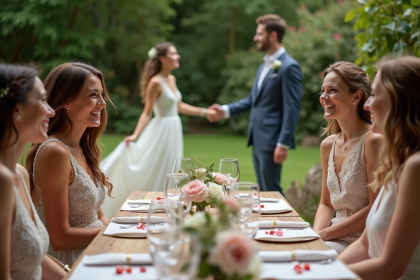 Groupe d'amis lors d'un brunch de mariage en plein air