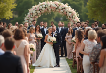 Groupe de mariage en plein air avec arch et invités souriants