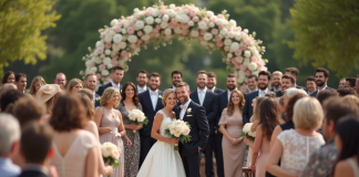 Groupe de mariage en plein air avec arch et invités souriants