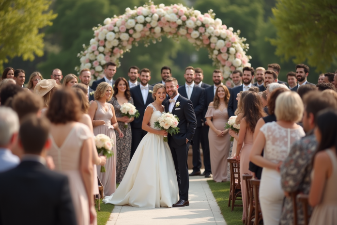 Groupe de mariage en plein air avec arch et invités souriants