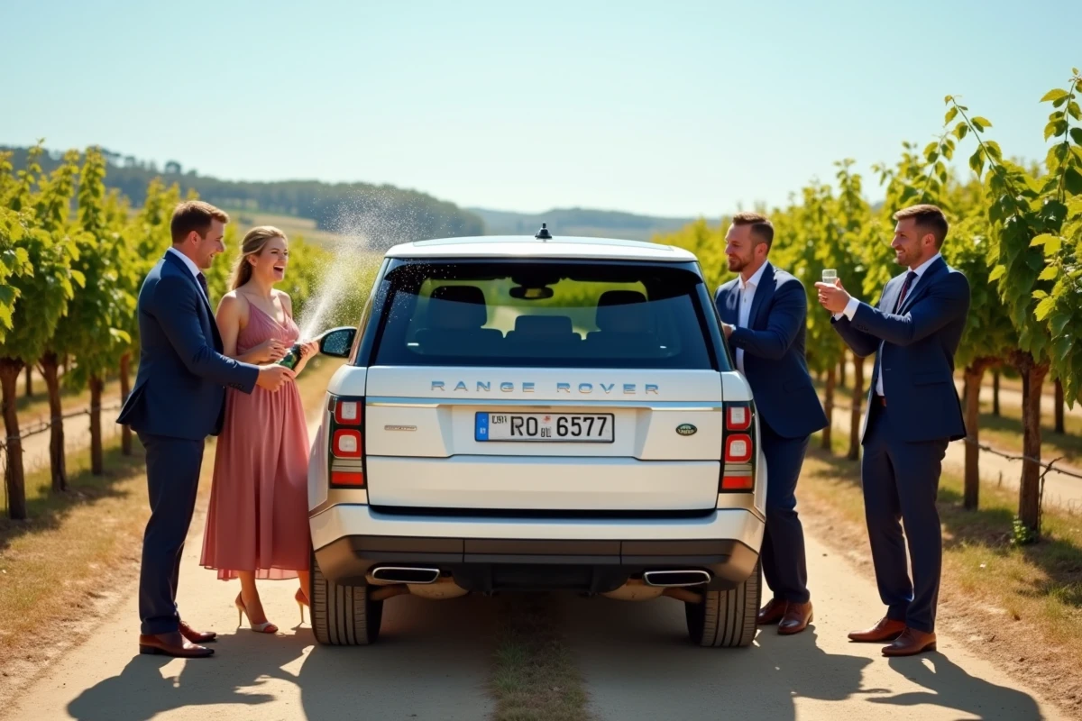 Groupe de mariés avec voiture de location blanche dans un vignoble autour de Toulouse