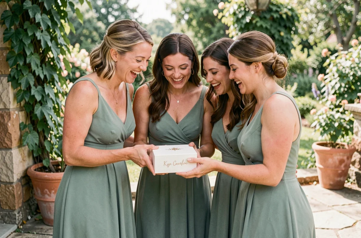 Groupe de témoins de mariage en robes vert sauge examinant ensemble un coffret souvenir personnalisé sur une terrasse en pierre entourée de végétation