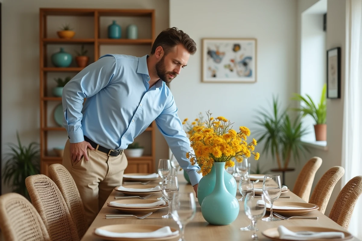 Homme d age moyen en tenue élégante devant table de repas décorée