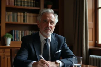 Homme distingué en costume marine assis à une table de réunion parisienne entourée de dossiers, évoquant les cercles de pouvoir et d'influence politique