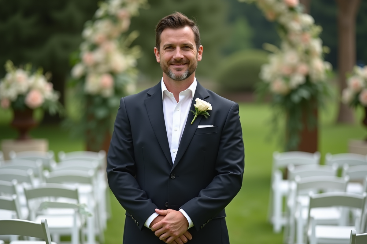 Homme en costume debout lors d’un mariage en extérieur