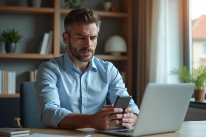 Homme marié en costume décontracté utilisant son smartphone dans un bureau à domicile