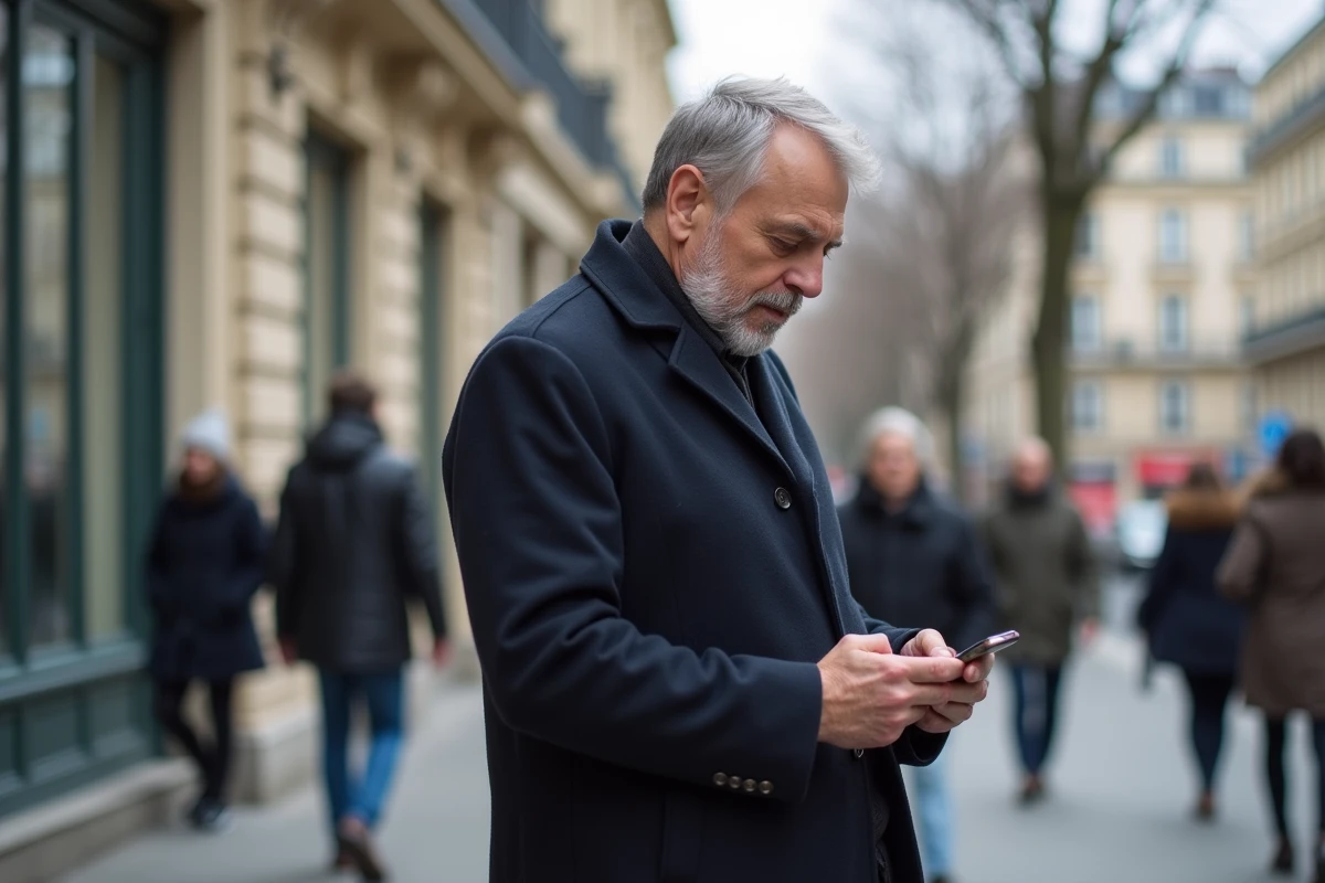 Homme seul dans une rue parisienne regardant son téléphone après une rupture