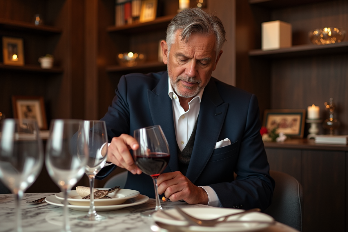 Homme en costume versant du vin lors d’un dîner élégant