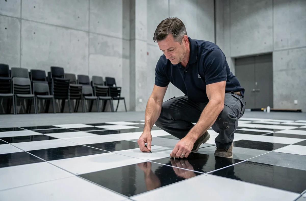 Technicien installant une piste de danse modulaire à damier dans une salle de réception avant une soirée