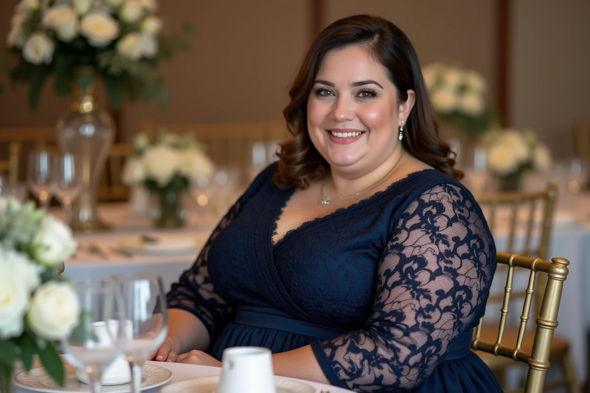 Invitée grande taille en robe bleue dentelle à une réception de mariage élégante