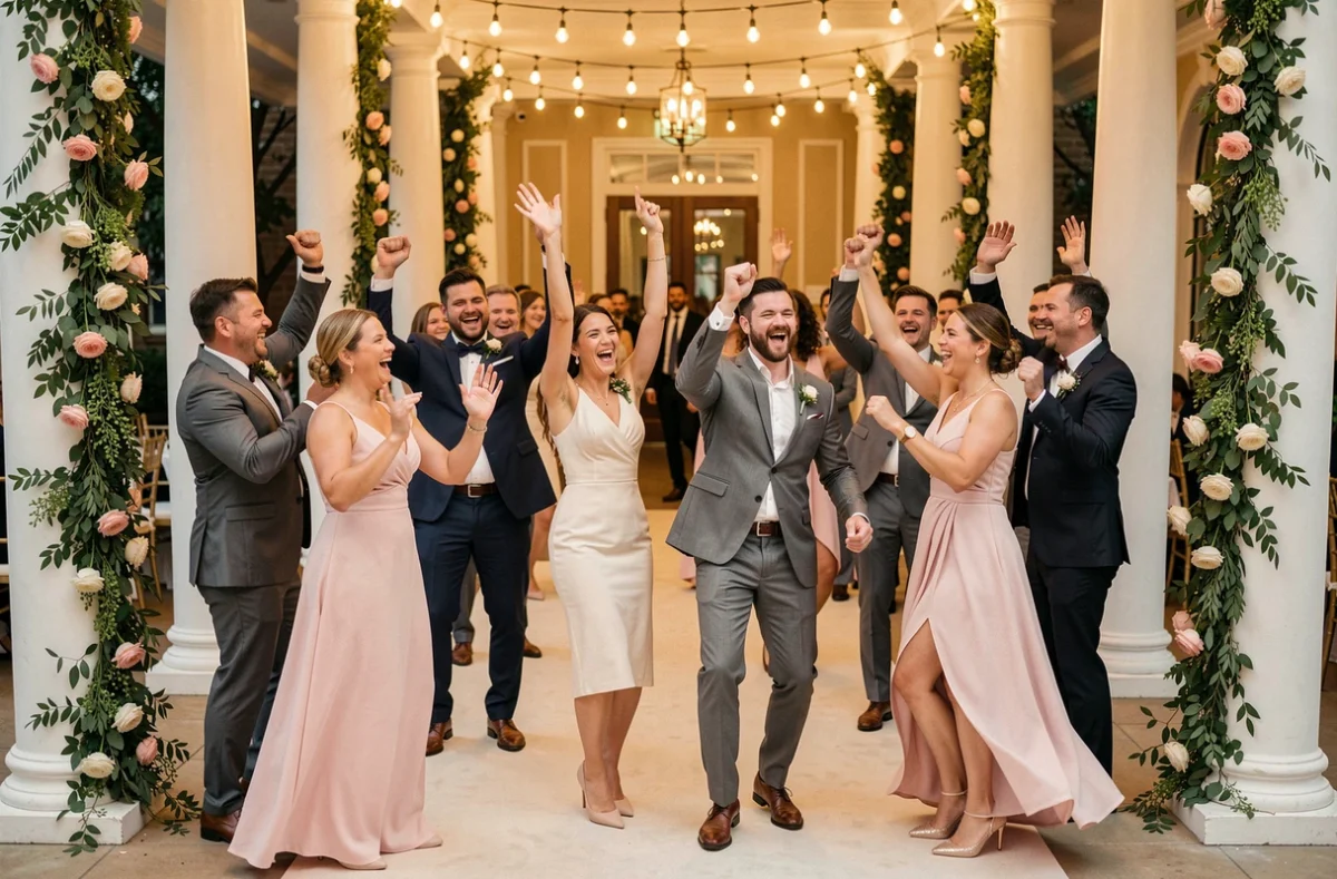 Invités de mariage dansant et riant avec enthousiasme dans le couloir d'entrée d'une salle de réception luxueuse décorée de roses et guirlandes lumineuses