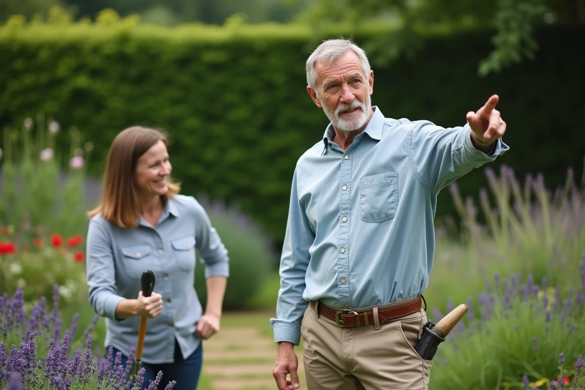 Homme passionné de jardinage expliquant ses choix de plantes vivaces à son partenaire dans un jardin fleuri