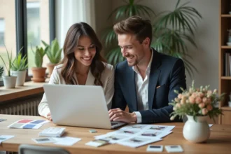 Jeune couple en tenue de mariage créant un site de mariage
