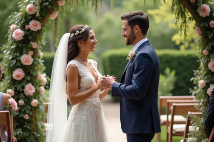 Jeune couple marié échangeant des vœux dans un jardin