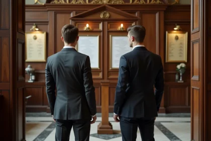 Jeune couple en costume devant panneau officiel de mariage