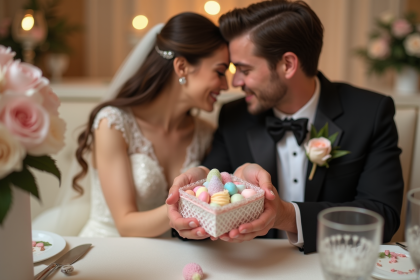 Jeune couple de mariés partageant un moment avec des dragées pastel