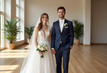 Conseils Présentation Mariés lors du Mariage : Idées & Astuces Jeune couple marié souriant dans une salle moderne