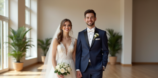 Jeune couple marié souriant dans une salle moderne