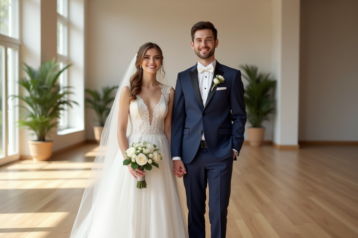 jeune-couple-mariage-elegant Jeune couple marié souriant dans une salle moderne