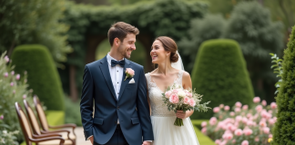 Jeune couple de mariés dans un jardin élégant en 2025