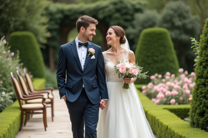 jeune-couple-mariage-garden Jeune couple de mariés dans un jardin élégant en 2025