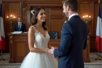 Jeune couple échangeant vœux à la mairie élégante