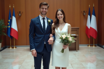 Jeune couple marié dans une mairie moderne souriant