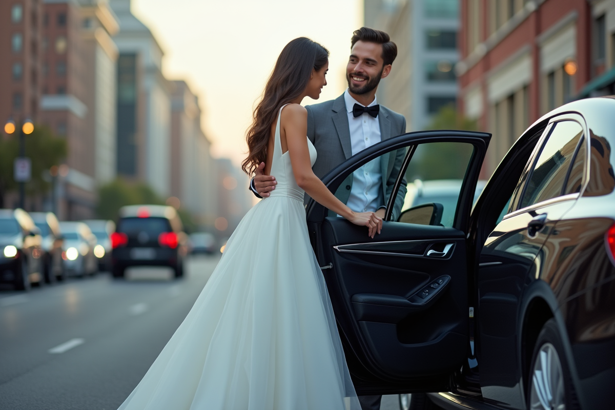 Jeune couple moderne avec voiture en ville dynamique