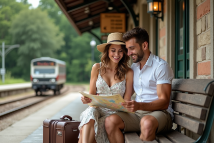 Jeune couple voyageant à la gare en été
