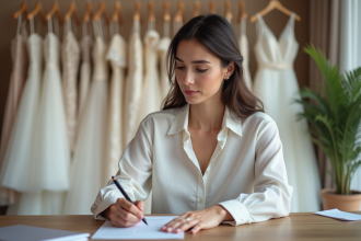 Jeune femme examine un contrat dans une boutique de mariage