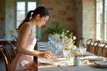 Jeune femme élégante arrangeant la vaisselle dans une salle lumineuse