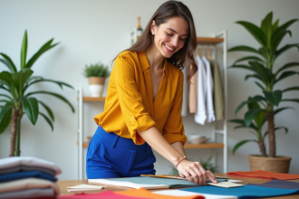 Jeune femme arrangeant des échantillons de tissus colorés