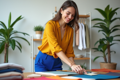 Jeune femme arrangeant des échantillons de tissus colorés